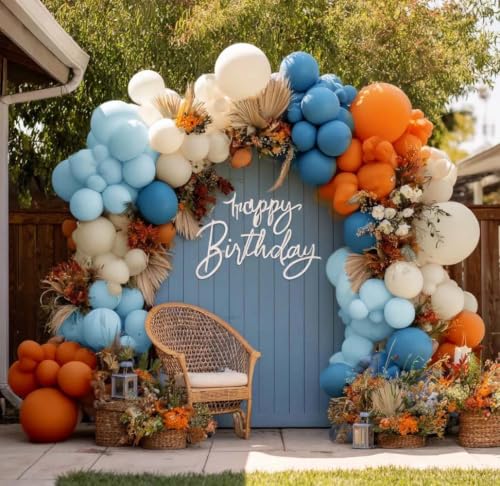 Image of Blue Orange White Balloon Arch Double Stuffed Balloon Kit for Fall Party | Orange Dusty Blue Sand White Balloon Garland for Autumn Baby Shower Cow Boy Girl Sport Party Decor