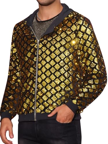 Image of Lars Amadeus Argyle Golden Sequins Jackets for Men's Long Sleeves Metallic Shiny Hooded Disco Jacket Large