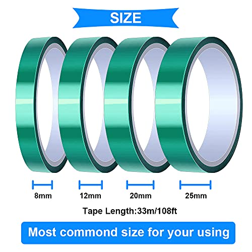 Image of DAOKI 4 Rolls Polyester High Temp Tape Green PET Tape 8 /12 /20 /25mm x 33m(108ft) Silicone Adhesive Tape for Masking, Circuit Boards with 2 Rolls 15mm x 10m(33ft) Teflon Tape