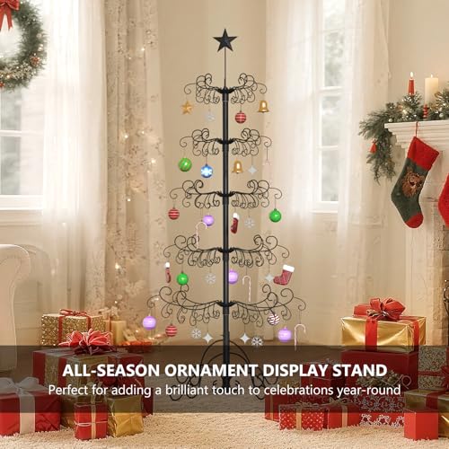 DoCred 6 Ft Metal Ornament Display Stand, Wrought Iron Christmas Tree Ornament Holder Hanger Wire Hanging for Halloween Xmas Glass Balls Decorations Gift, Black