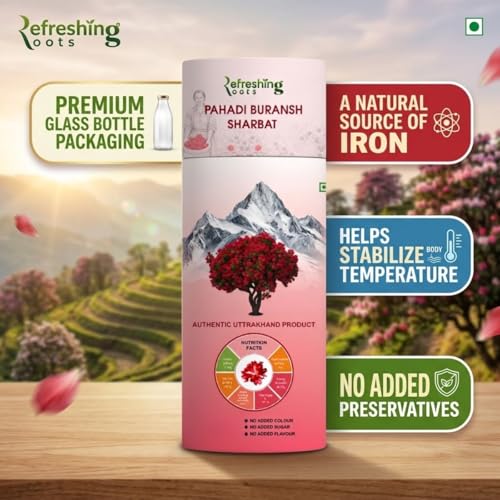 Image of REFRESHING ROOTS Uttarakhand Premium Buransh (Rhododendron) Squash, 900 ML Glass Bottle | Cold Pressed | Natural Health Drink | Added Honey | No Artificial Flavors | Rich in Antioxidants | Glass Bottle (300 ML * 3)