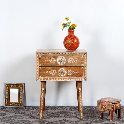 Image of Wooden Bedside Table for Bedroom with 2 Drawers | Solid Wood Handpainted Bed Side Table with Drawers | Side Table for Living Room | Traditional Rajasthani Art (Natural)