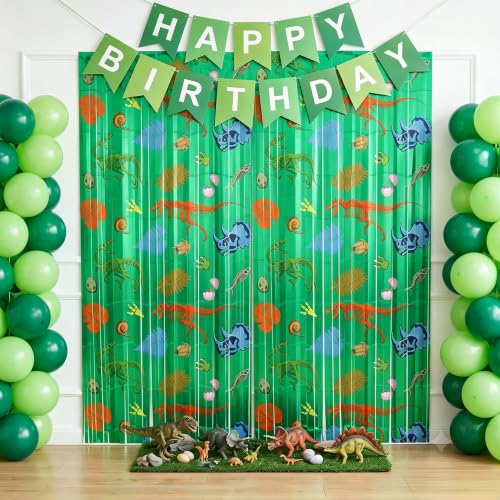 Image of TONIFUL 2Pcs Green Metallic Foil Fringe Curtains with Dinosaur Pattern