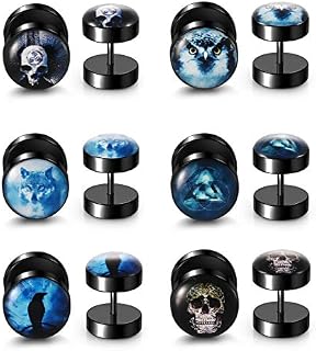 PiercingJak 6 Pairs Black Stud Earrings Fake Gauges Gothic Skull Earrings 18G Stainless Steel 00G Cheater Fake Ear Plugs Illusion Tunnel Piercing Barbell Stud Screw Earring