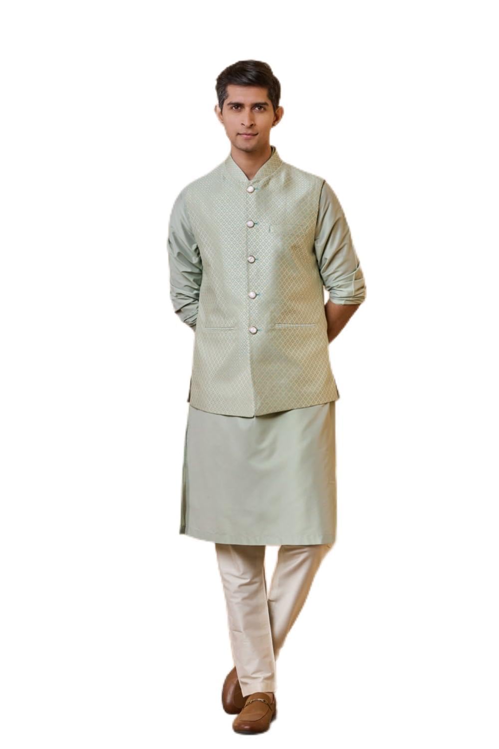 tasva Green Classic Jacquard Bundi For Men-picture-17