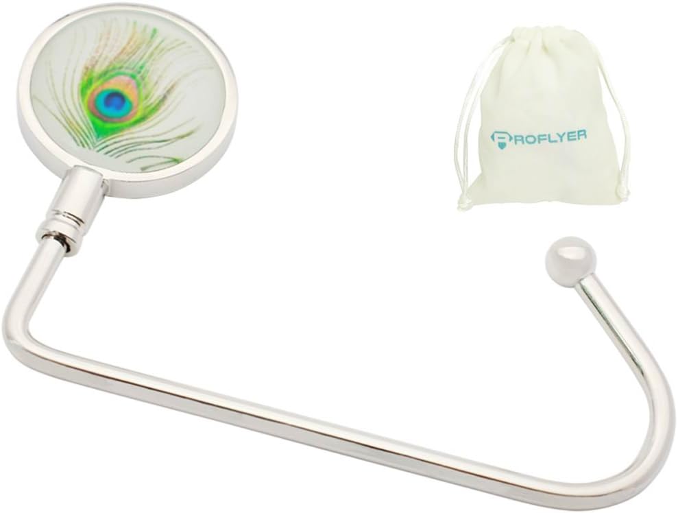 Purse Hook Hanger for Table Bar Long Handbag Hanger Bag Hanger with Velvet Pouch (Peacock Feather 02)