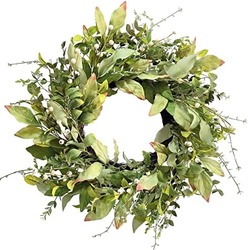 SASUKA 22" Spring Green Wreath for Front Door, Artificial Handcraft Greenery Wreaths,Branches with White Berry,Summer Wreath for Festival Wall Window Porch Patio Garden Farmhouse Decor