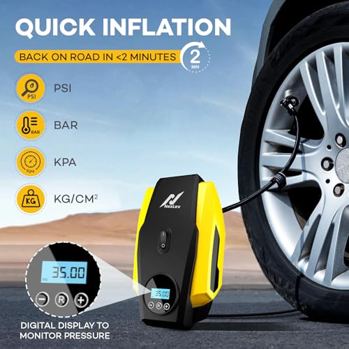 Image of NexLev Tyre Inflator Kit for Car | 150 PSI 12V Air Compressor for Car, Bike & Cycle, 120W Tyre Inflator Pump with Digital Display, Auto Shut-Off, LED Emergency Light, 3m Cord, 3 Nozzles |AER TI-02