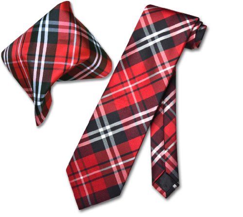 Vesuvio Napoli Black Red White PLAID NeckTie & Handkerchief Matching Tie Set