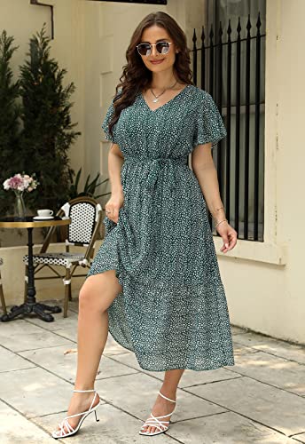 Image of Nemidor Plus Size Women Casual Maxi Dresses Print Bobo Belted Layered Chiffon Summer Long Dress with Ruffle Sleeve