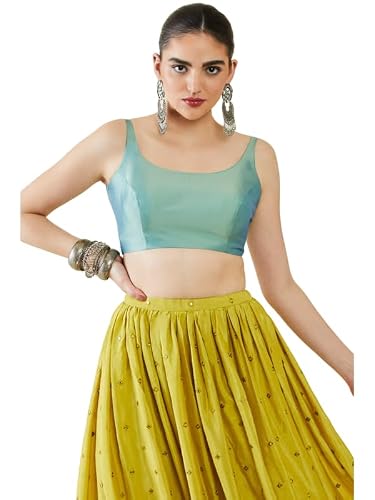 Image of Fashnkart Indian Women's Satin Silk Stitched Sleeveless Solid Plain Blouse Readymade Ethnic Tunic Choli Scoop Neck, Back Open Mint Green