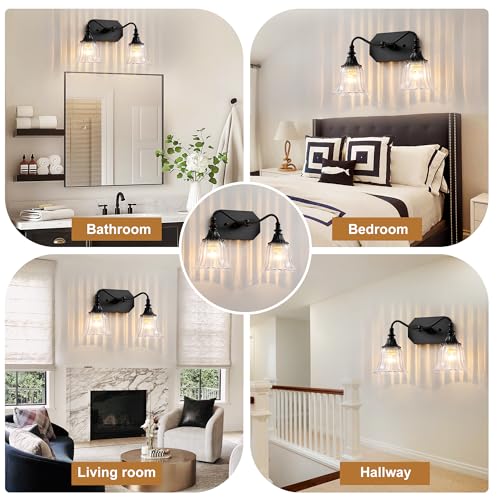 Image of LmnLvn 2-Light Bathroom Vanity Light, Matte Black with Crystal Glass Shade