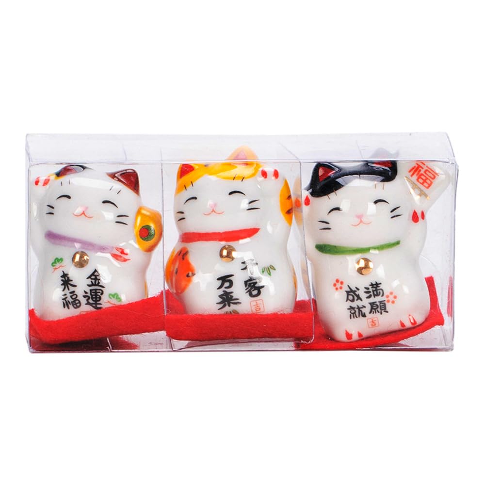 Starry Mart Red/White/Orange Ceramic Mini Maneki Neko Lucky Cat Figurines – Set Of 3 | Japanese Fortune Cat | Home Décor & Good Luck Charm
