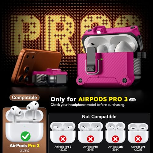 Image of Inesore for AirPods Pro 3 Case with Secure Lock (Rose red) | Phone Stand Design,Compatible with MagSafe,Automatic Snap Switch Secure Cover Carbon Fiber Texture with Cleaner Kit