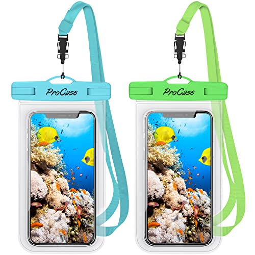 ProCase 2 Pack Waterproof Phone Pouch Case, 7' Universal Underwater Cellphone Dry Bag for iPhone 17 Air 16 15 14 13 Pro Plus Max 12 11, Galaxy S24 S23 S22 Ultra Pixel -Blue/Green