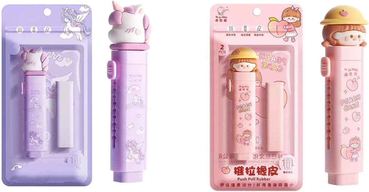 Push Pull Eraser Pen Style with Space Travel Cap | Refillable Retractable Rubber Stick for Students, Artists, Drawing, & School Supplies | Space Theme Stationery | (Purple + Pink)