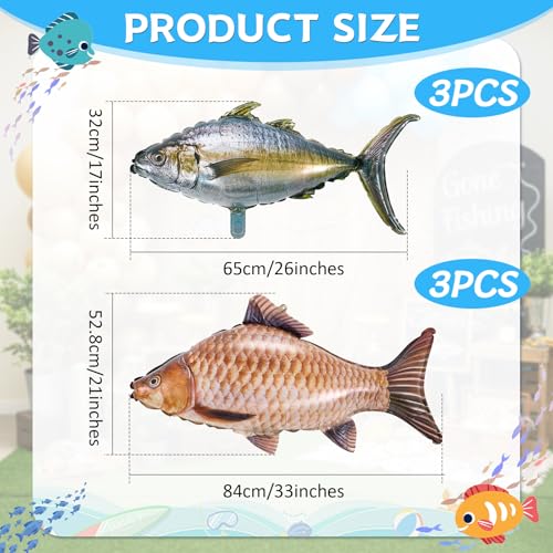 Image of 6 Pcs Fish Balloons, Gone Fishing Party Decorations, Ofishally One Birthday Supplies, Realistic Carp Tuna Foil Balloons for Let's Go Fisherman Theme Baby Shower Party Decor