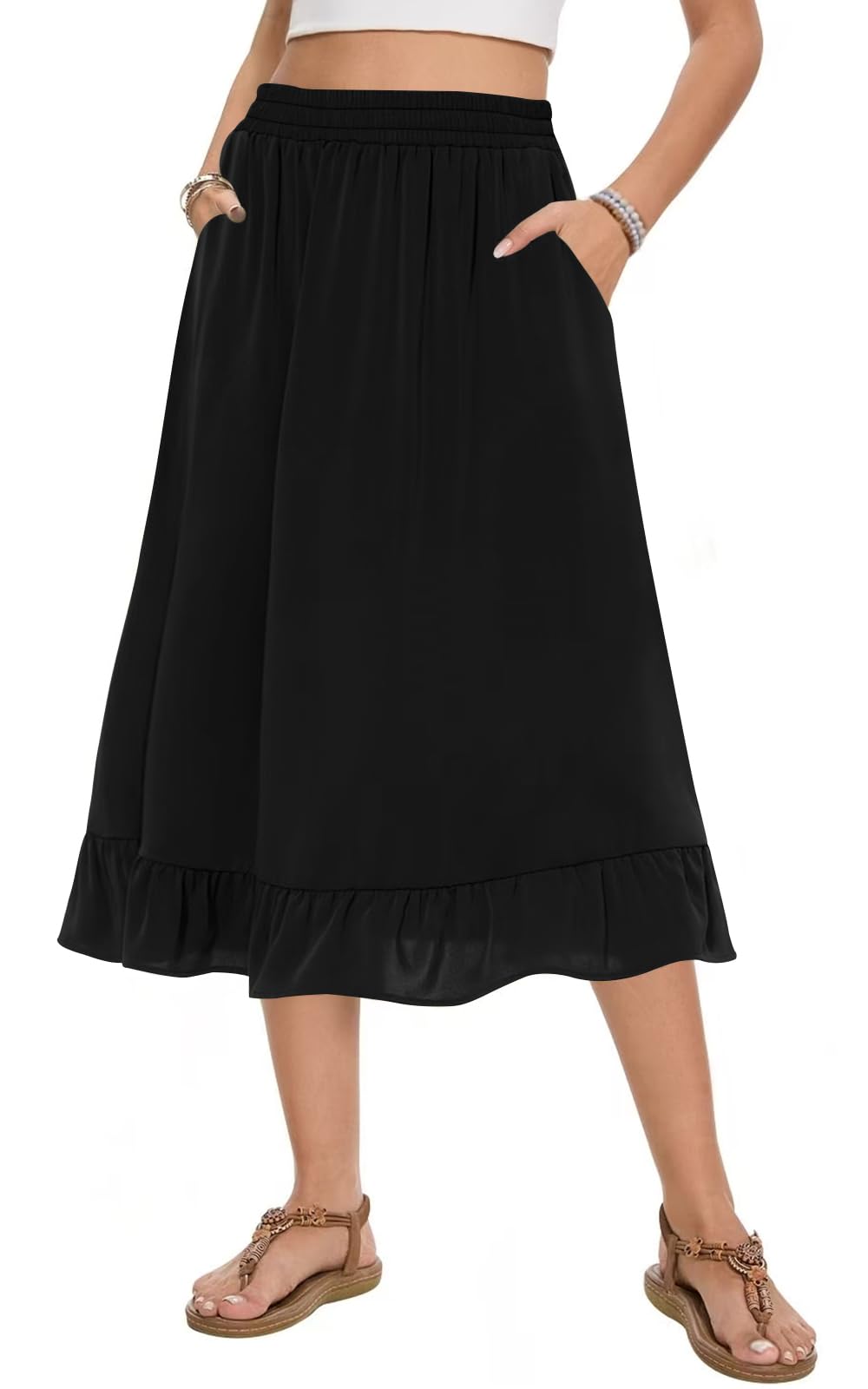 Midi Skirts for Women Trendy Elastic High Waist Flowy Swing A Line Casual Tiered Ruffle Skirt with Pockets