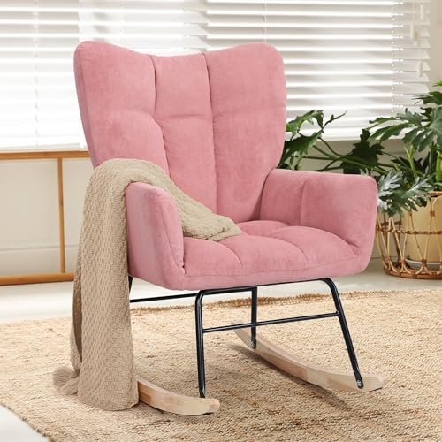 Image of Murago Nursery Rocking Chair, Glider Chair, Overstuffed Foam Seat, High Back, Ideal for Nursey, Bedroom, Living Room, Pink