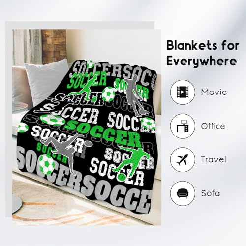 Mercuryelf Soccer Throw Blanket - Soft, Fuzzy & Warm - 60x80 Inches Flannel Blankets for Bed, Couch - Black Sports Throws Gift for Adults