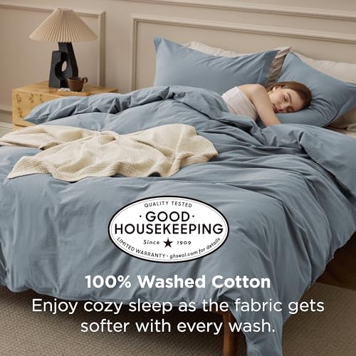 Image of Bedsure 100% Washed Cotton Duvet Cover King Size - Dusty Blue Minimalist Bedding Set Linen Like - PureWoven Plain Simple & Soft Comforter Cover for All Seasons (Dusty Blue, King, 104 inchx90 inch)