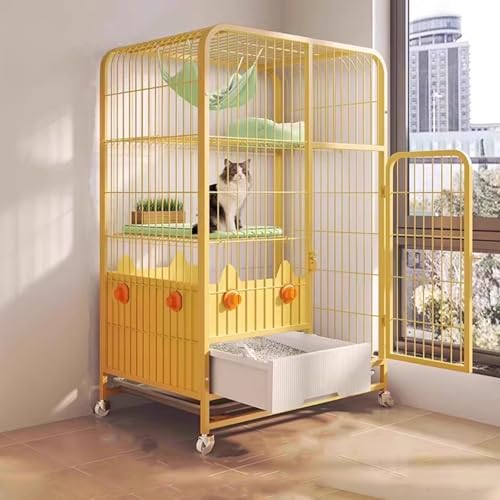 猫 ケージ トイレ付き 人気 猫 ケージ 大型 キャスター 猫用ケージ 猫用トイレ付き屋内用 ロック付きドア付きの安定した屋内用猫ハウス 飛沫防止バッフル付きの猫用屋内エンクロージャー(Yellow,78*55*108CM)