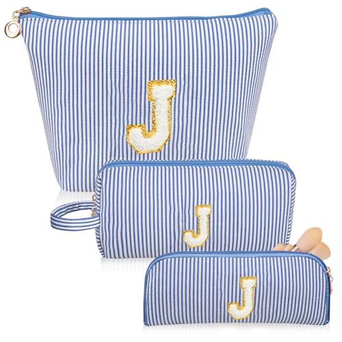 Junesters Initials Makeup Bag Set, Personalized Blue Cosmetic Bag, Cute Large Make up Bags, Travel Toiletry Bag for Women Girl Gifts J (Blue)