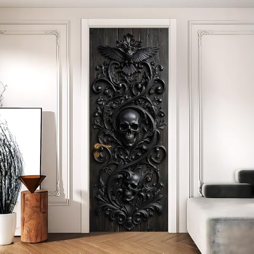 Image of 3D Gothic Skull Door Mural Peel and Stick Halloween Door Cover