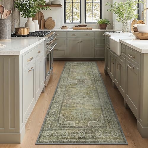 GENIMO Runner Rug 2x6 Non Slip Machine Washable Vintage Hallway Runner Rugs, Low Pile Lightweight Mat for Living Room, Entryway, Bedroom, Kitchen and Corridor, Distressed Sage
