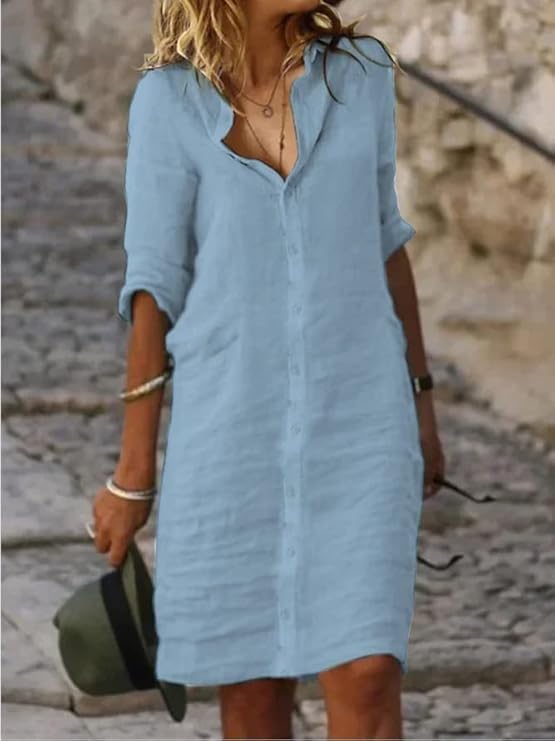Fronage Women's Summer Midi Shirt Dresses Button Down 1/2 Sleeve Lapel Casual Cotton Linen Dress - Image 2