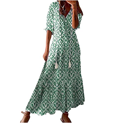 Kleider Damen Sommer Lang, Maxi Sommerkleid Damen, Casual Kurzarm V-Ausschnitt Strandkleid Flowy Festliches Abendkleid Teenager Mädchen Tunika Kleid