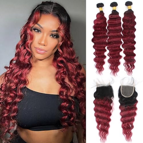 Loose Wave Bundles With Closure Burgundy Color Human Hair Loose Deep Wave Brazilian Virgin Hair 3 Bundles With 4x4 Lace Closure 12A 1B99J Ombre Human Hair Bundles 70g/Bundle (22 24 26+20)