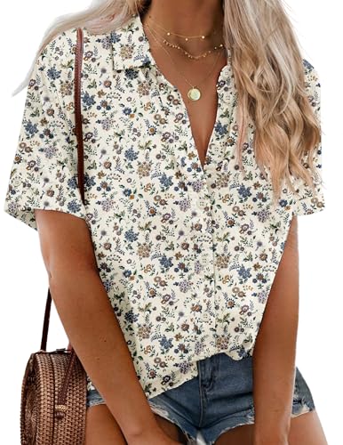 IN'VOLAND Womens Plus Size Linen Button Down Shirts Short Sleeve Cotton Casual Collared Shirt V Neck Summer Blouses Tops
