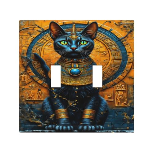 Decorative Switch Covers Plate Egyptian Black Cat Vintage Gold Decorated 2 Gang Wall Plate Oversized Double Toggle Light Switch Plate Wall Cover Plate Faceplate for Home Decor