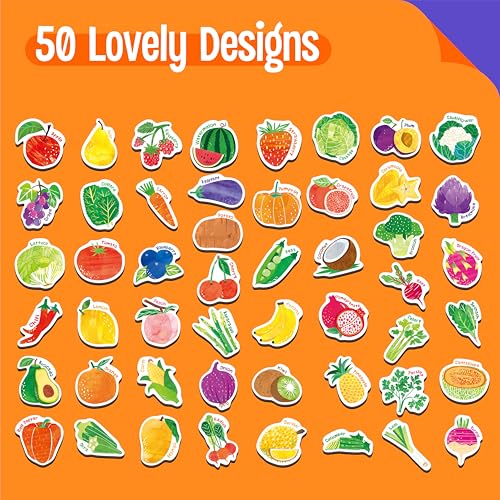 50 PCS Fruit & Vegetable Magnets, Adorable Magnetic Fruits Veggies Thick Fridge Magnets Cute Educational Learning Toys for Toddles Kids 1-2