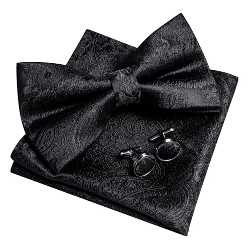 Image of YOHOWA Mens Bow Tie Set Paisley Pre-tied Bowties Adjustable with Handkerchief Cufflinks Gold Ring Set Wedding Prom Party
