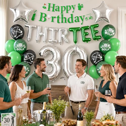 Image of 30th Golf Birthday Decorations for Men 30th Party Decorations for Him | Golf Print Balloons Happy Birthday Banner THIR-TEE Banner 30 Foil Balloons for Men Thirty Birthday Decor