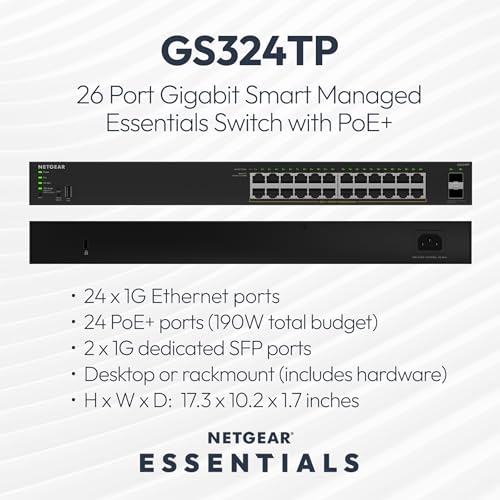 Image of NETGEAR S350 Series 26-Port Gigabit Ethernet PoE+ Smart Managed Essentials Switch - 24 x 1G PoE+ @ 190W, 2 x 1G Dedicated SFP - Desktop or Rackmount (GS324TPv2)