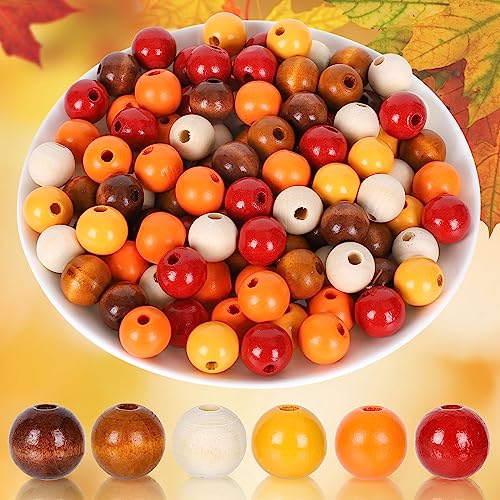 Whaline 240Pcs Fall Wood Beads Colorful Autumn Red Orange Yellow Round Spacer Beads with Holes Thanksgiving Round Loose Beads for Autumn Tiered Tray Garland DIY Crafts Farmhouse Home Decor