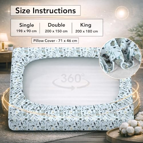 Image of Divine Casa King Size Fitted Bedsheet with 2 Pillow Covers (200 x 180 CM) | Cotton Twill Satin Floral Print | SKU Blue Elastic Fitted Sheet for Mattress.