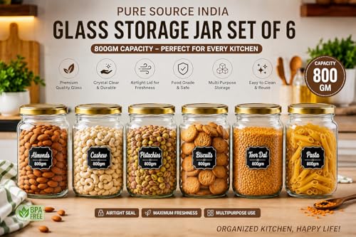 Image of Pure Source India Premium 800gm Clear 6 Pcs Glass Jar with Gold Lug Cap | Airtight Food Storage Jar for Honey, Jam, Pickles, Spices & Preserves
