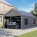 Bezseller 10x20 FT Heavy Duty Carport Canopy with Removable Sidewalls, Portable Garage Tent with Roll-Up Windows & Doors, Car Port with All-Season Tarp for Cars, Boats, Trucks, Gray