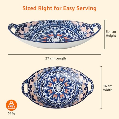 Image of Amazon Basics Ceramic Serving Platter with Handles | Blue Mandala Print Microwave & Dishwasher Safe Serveware | Ideal for Gifting, Serving Snacks, Appetizers, Salads, Starters & Noodles (10.8 Inch)