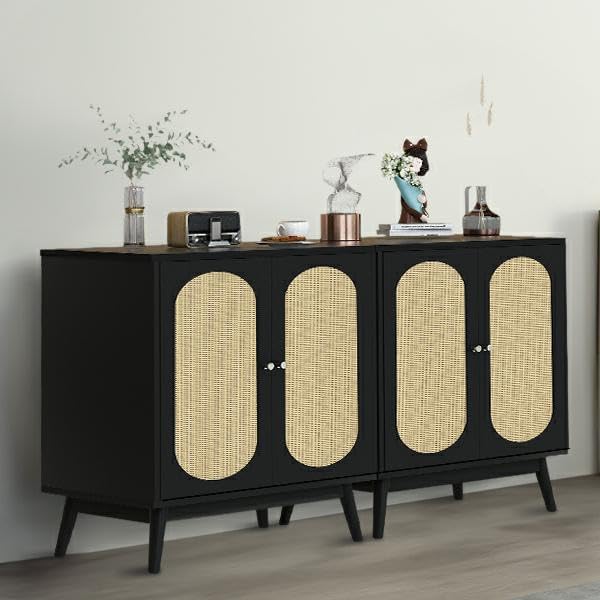 Miniatura 6 de AWQM Juego de 2 armarios tipo buffet, de ratán natural con patas de madera maciza, aparador, armario de almacenamiento de cocina con 2 puertas,