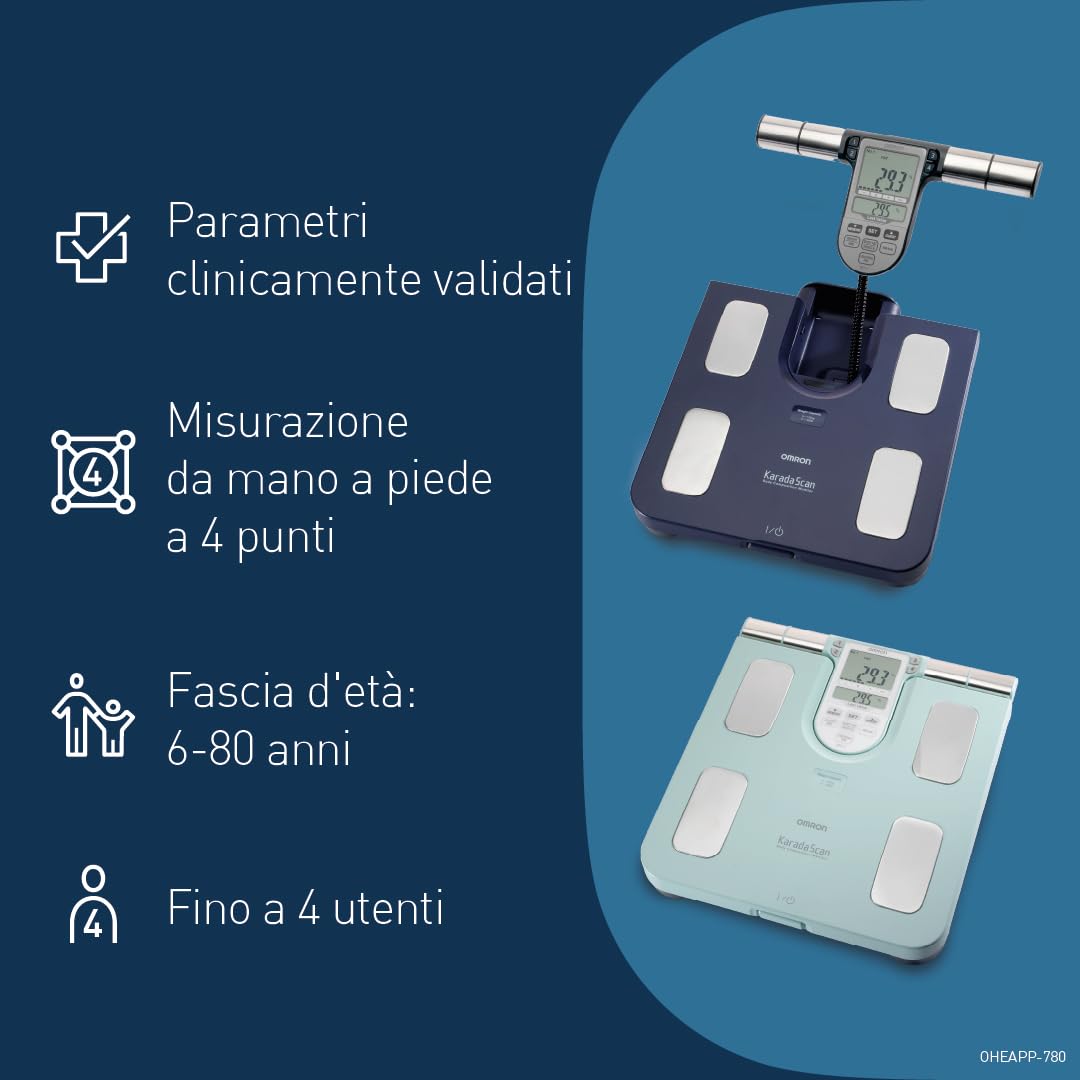 OMRON BF511 Analizzatore di composizione corporea clinicamente validato con 8 sensori ad alta precisione per misurare il corpo. Bilancia pesapersone digitale e di precisione.