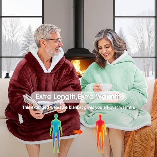 JOYWOO Wine Red Wearable Blanket Hoodie,Oversized Cat Lovers Sweatshirt Blanket for Adult & Teens,Birthday Gifts for Women Men Mom Girl Boys,Cozy Sherpa Blanket Giant Pocket Gifts,Burgundy Small
