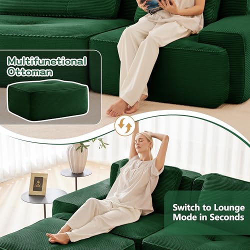 Image of 153 inch U-Shaped 4-Seater Modular Boneless Couch with 2 Ottomans, Premium Corduroy Upholstery, Deep Seat Cloud sectional Sofa, No Assembly Anti-Slip Design, Green