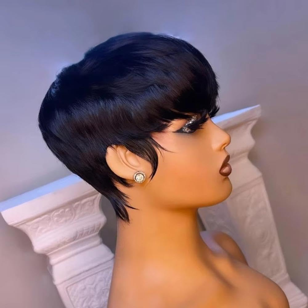Haarpflege Kurze Gerade Bob Perücke Aus Echthaar Für Frauen Mit Pony Ohne Spitzenfront(180%)