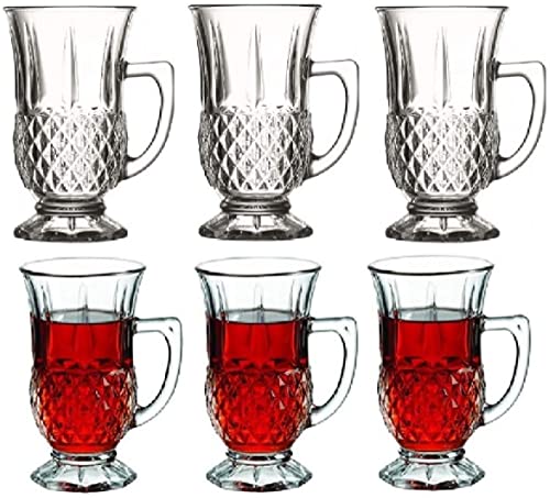 Set of 6 Designer Durable Glass Crystal Clear Cut Tea Coffee Cup Mugs Glasses Footed Glass Cups