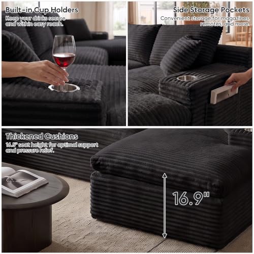 Image of 120 inch Modular Sectional Sofa, U-Shape Boneless Couch, Black